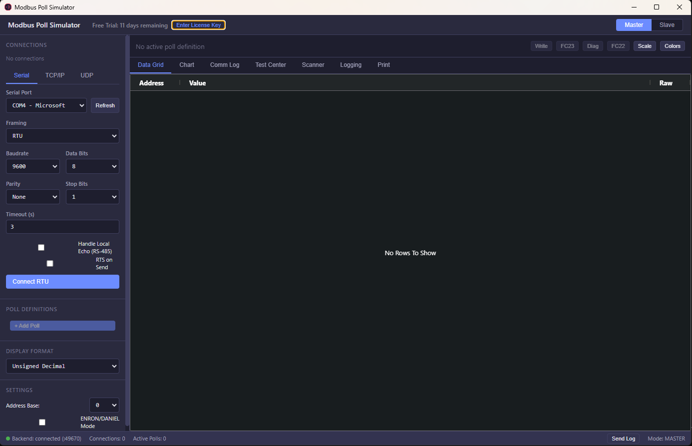 Modbus Simulator - Master Mode with data grid and live polling